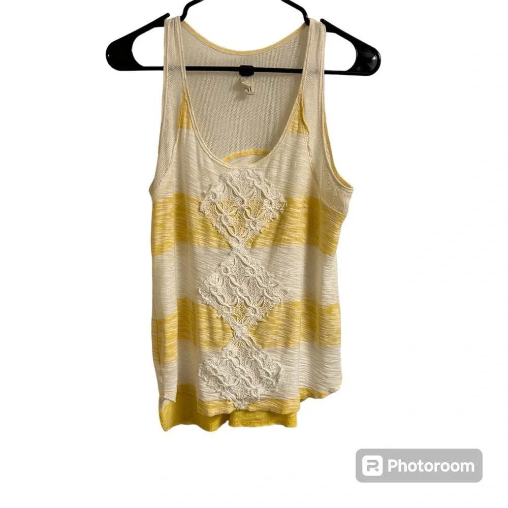 Free People We The Free XS Yellow Stripe Mesh Lace Front Raw Hem Tank Top Y2K - Picture 1 of 10